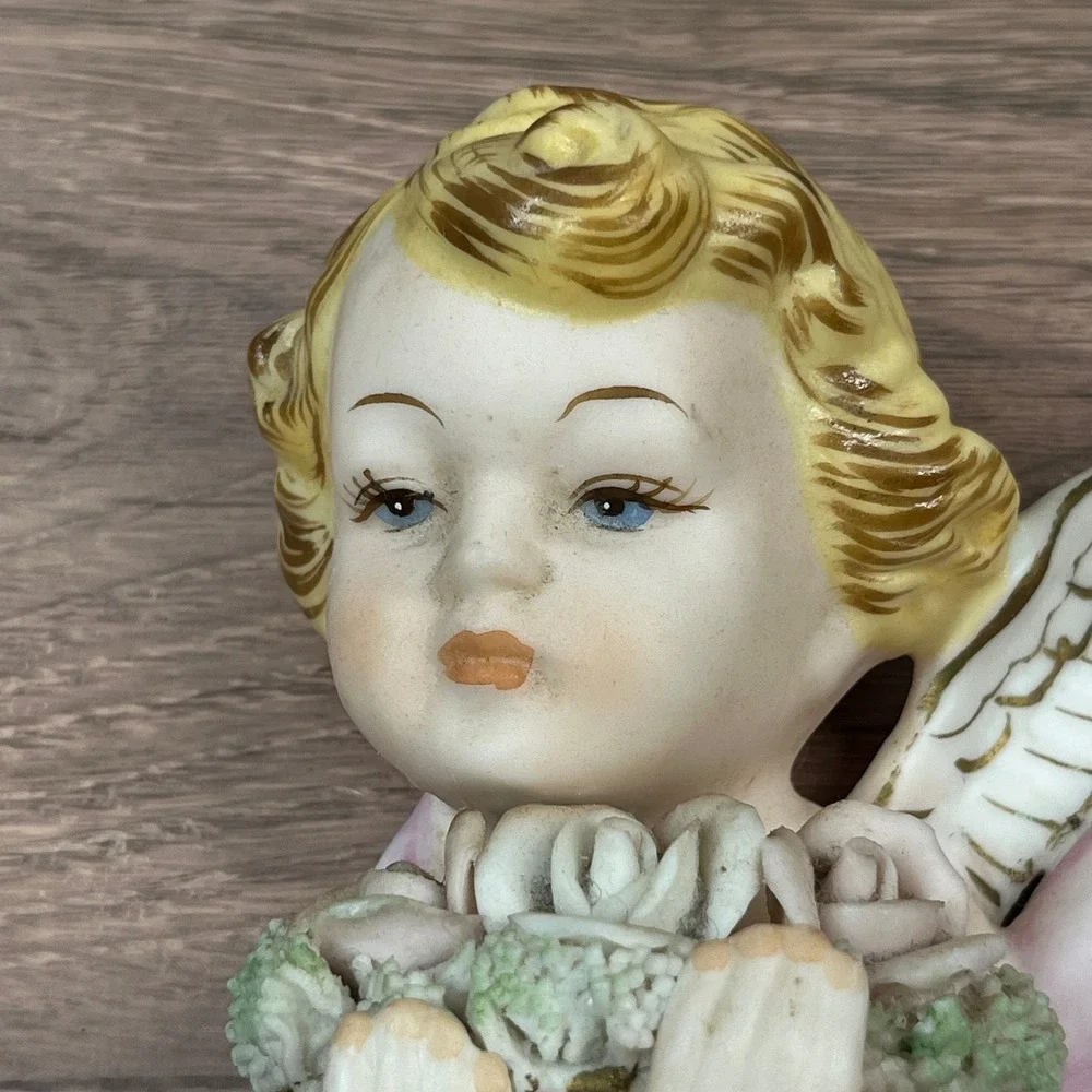 Norcrest Angel Wall Pocket Figurine Pink Blonde Roses Japan Vintage 1950s